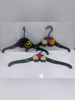 Hand-Painted Floral Decorative Hangers - Dark Green with Multicolor Flowers